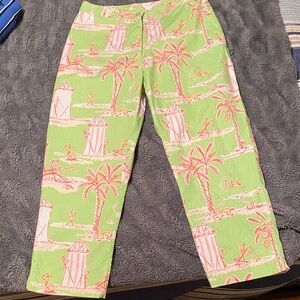Lilly Pulitzer beautiful green pink and white pants with design.